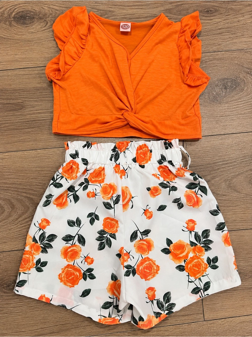 SHEIN Orange Twist Crop Top with White Orange Rose Print Shorts